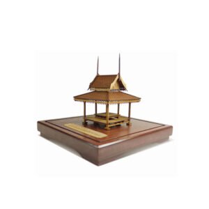 3D Wooden Miniature Traditional Pavilion with Roof Finials on Display Base