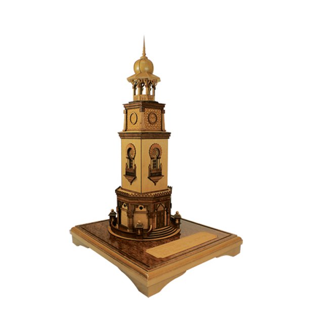 3D Wooden Miniature Heritage Clock Tower on Display Base