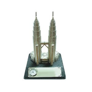 Silver-Finish Petronas Twin Towers with Clock on Marble-Look Base