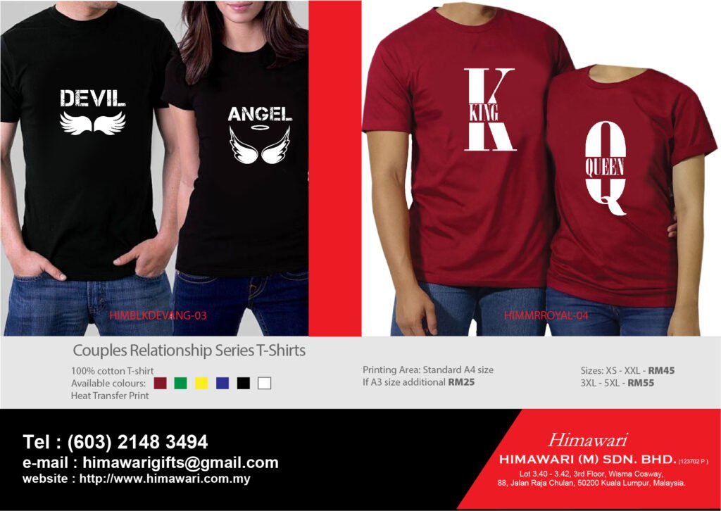 Couple Round-Neck T-Shirt Set Devil Angel and King Queen Designs