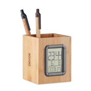 Bamboo Pen Holder with Digital Clock