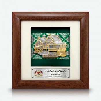 Framed Relief Plaque Traditional House on Green Songket
