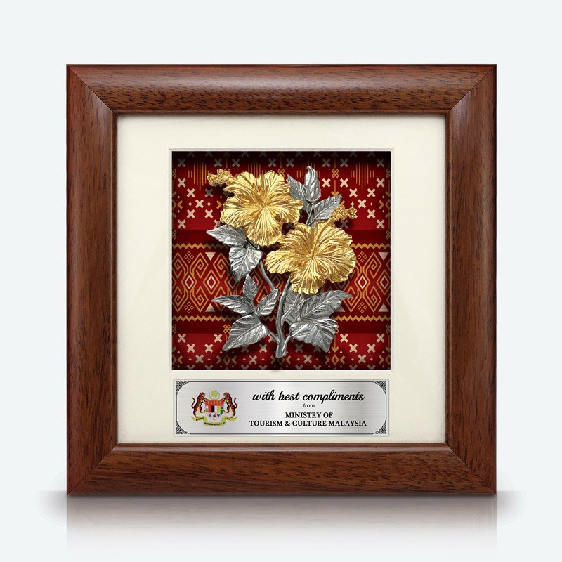 Framed Relief Plaque Hibiscus on Red Songket