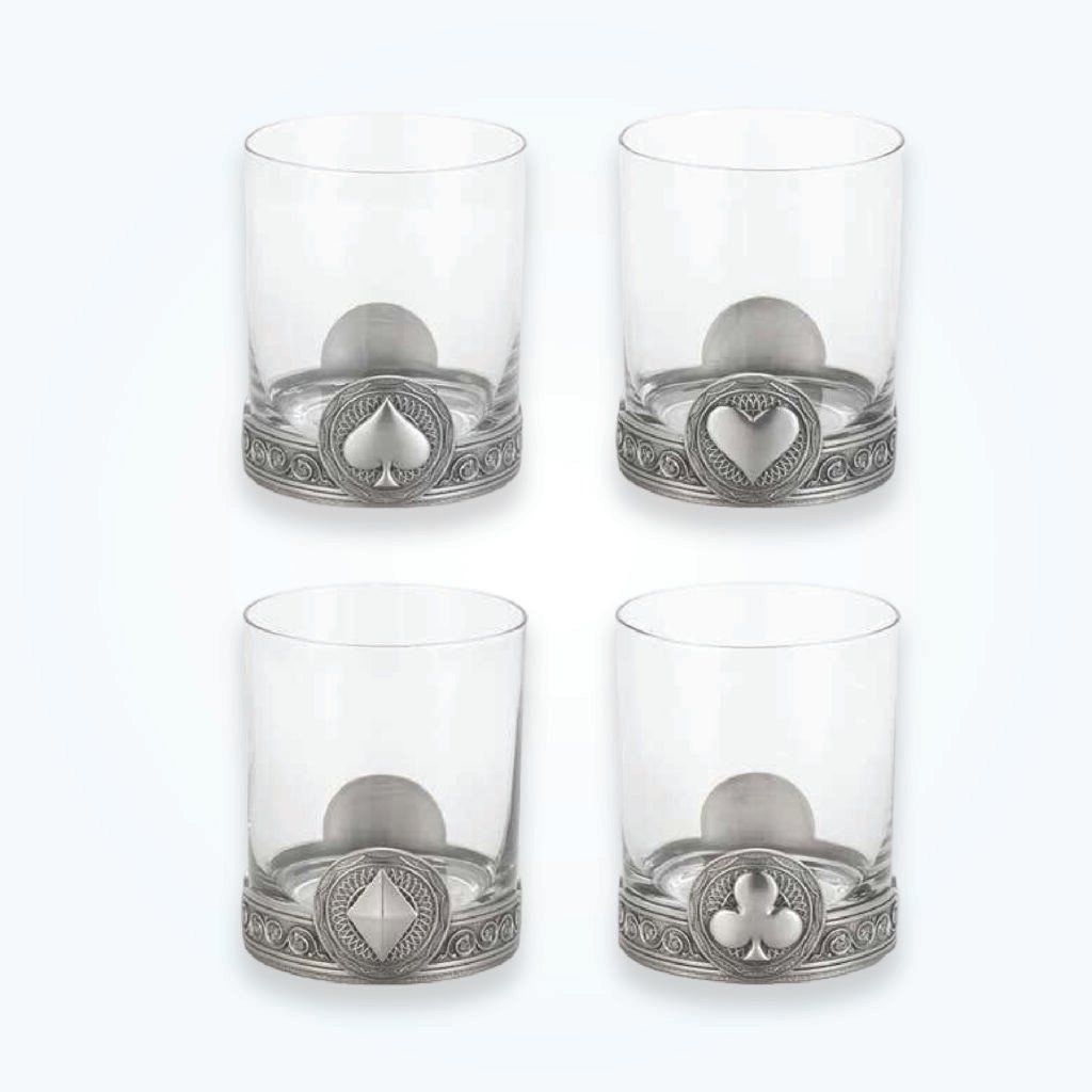 Card Suit Rocks Glasses with Pewter Base Set of Four