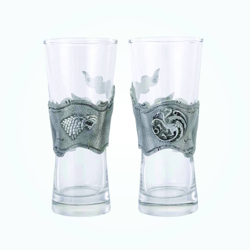 Tall Glasses with Pewter Emblem Bands