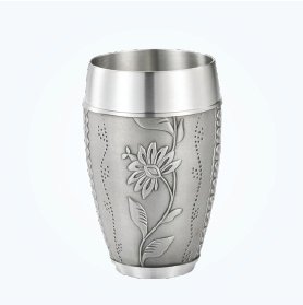Barrel Pewter Tumbler with Floral Stem Relief
