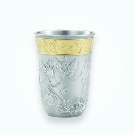 Pewter Beaker with Gold-Tone Band and Floral Relief