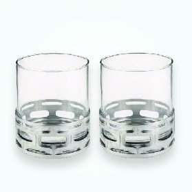 Rocks Glass Pair with Geometric Pewter Cage Base