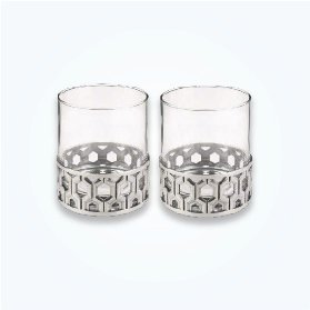 Rocks Glass Pair with Hexagon Lattice Pewter Base