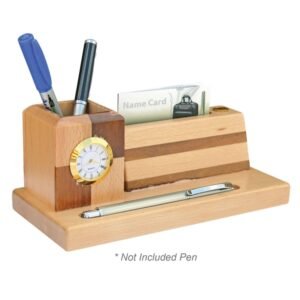 Light Wood Desk Organiser with Clock and Card Holder