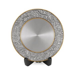 Pewter Plate with Gold-Tone Rim and Floral Border
