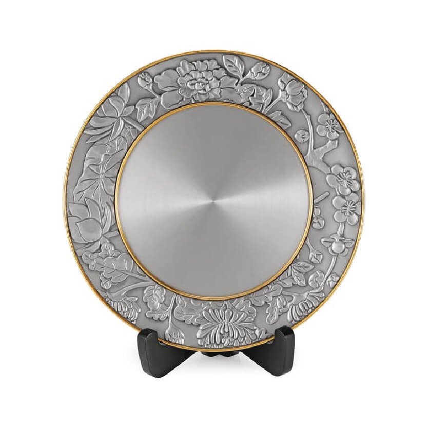 Pewter Plate with Gold-Tone Rim and Floral Border