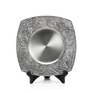 Rounded-Square Pewter Plate with Floral Relief