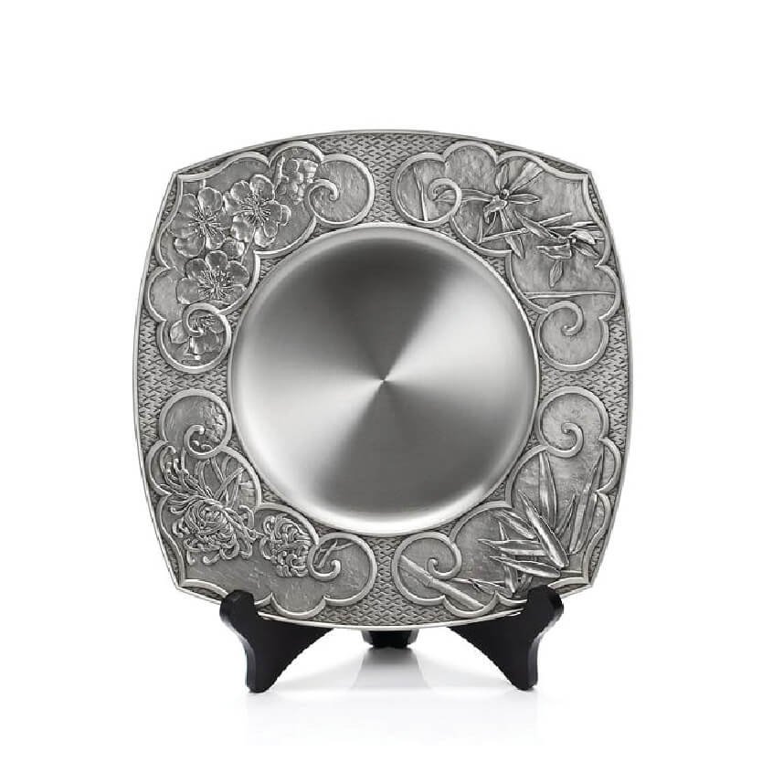 Rounded-Square Pewter Plate with Floral Relief