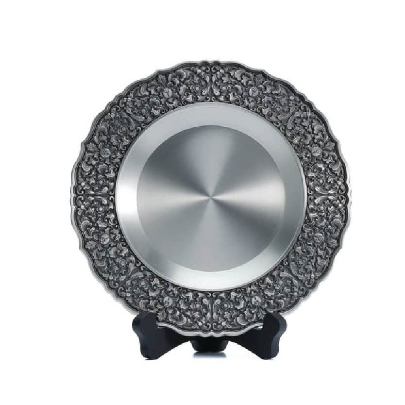 Compact Pewter Plate with Dark Floral Border