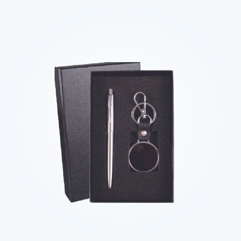 Silver Pen and Leather Keychain Gift Set
