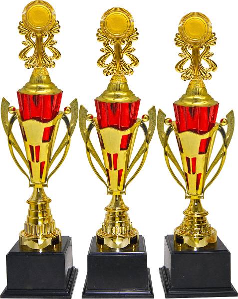 Gold Cup Trophy with Red Accents and Emblem Top