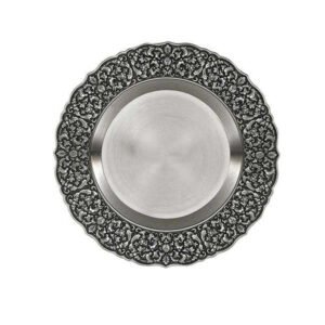Pewter-Finish Plate with Ornate Filigree Border