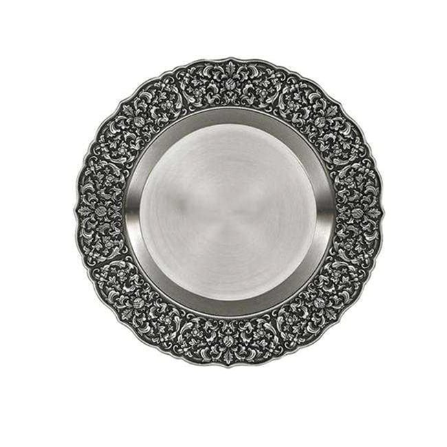 Pewter-Finish Plate with Ornate Filigree Border