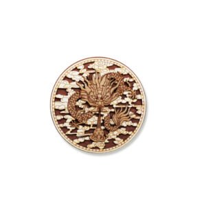 Laser-Cut Wooden Fridge Magnet Round Dragon Among Clouds