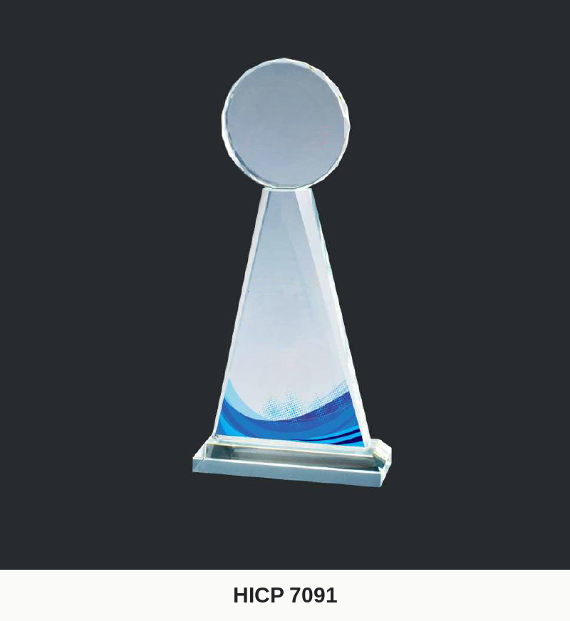 Crystal Plaque - Pyramid Plaque with Disc Topper and Blue Wave Print (Model HICP-7091)