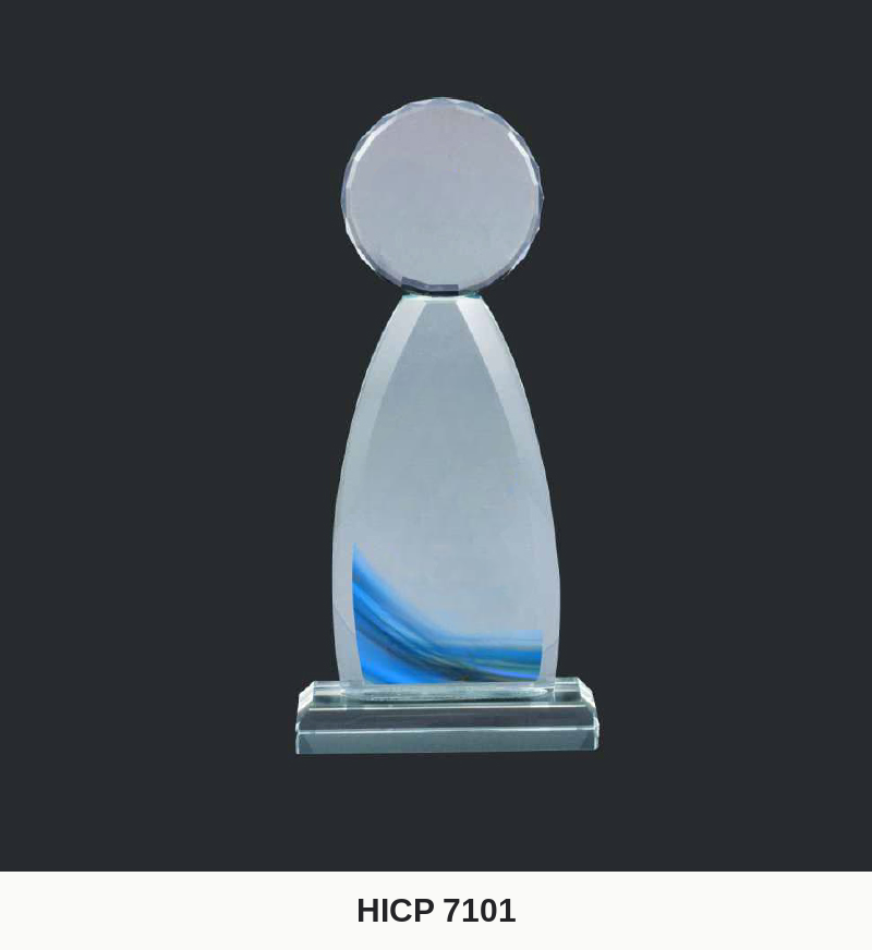 Crystal Plaque - Rounded Tower Plaque with Disc Topper and Blue Swoosh Print (Model HICP-7101)