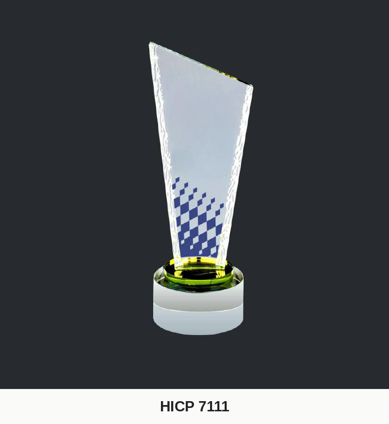 Crystal Plaque - Bark-Edge Trapezoid Plaque with Blue Checker Print (Model HICP-7111)