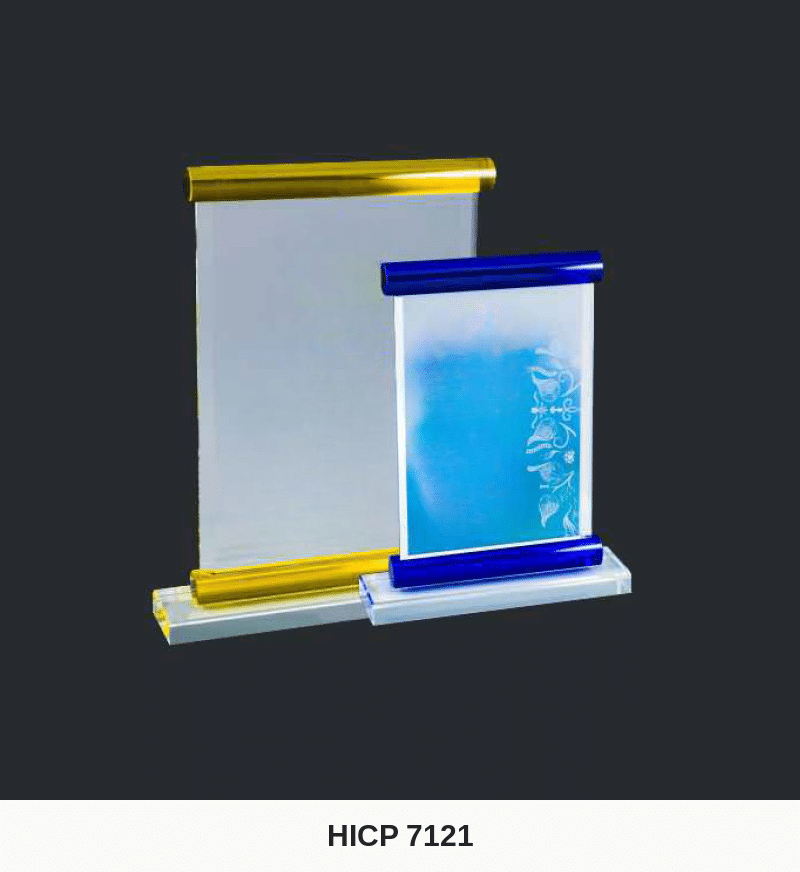 Crystal Plaque - Scroll-Style Plaques with Gold and Blue Bar Tops (Model HICP-7121)