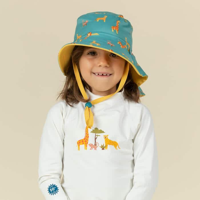 Baby Reversible UV Protection Hat – Yellow & Blue Savana Print