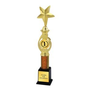 Star Trophy with Ring Emblem and Wood-Grain Column – Gold, 3 Sizes