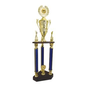 Three-Column Pillar Trophy with Emblem Cup – Gold & Blue, 3 Sizes