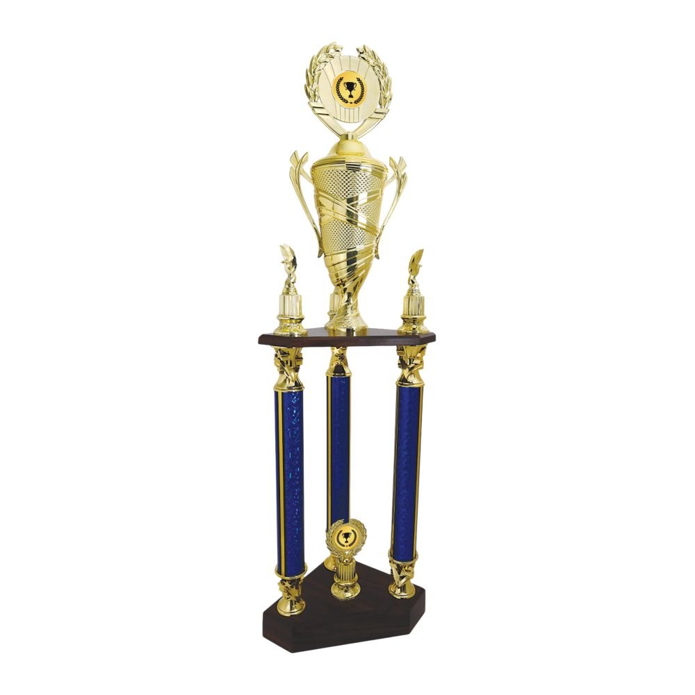 Three-Column Pillar Trophy with Emblem Cup – Gold & Blue, 3 Sizes