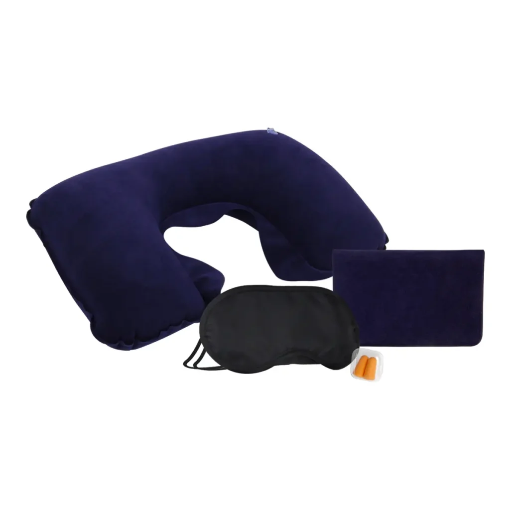Inflatable Travel Comfort Kit with Neck Pillow, Eye Mask and Pouch
