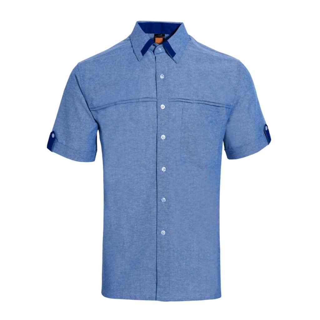 Unisex Chambray Corporate Shirt Short Sleeve with Contrast Collar