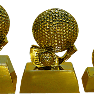 3D Golf Ball and Club Trophy in Gold Fiber – 3 Sizes