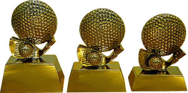 3D Golf Ball and Club Trophy in Gold Fiber – 3 Sizes