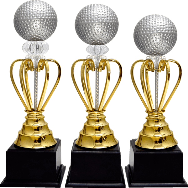Golf Ball Trophy with Gold Open-Frame Cup – 3 Sizes