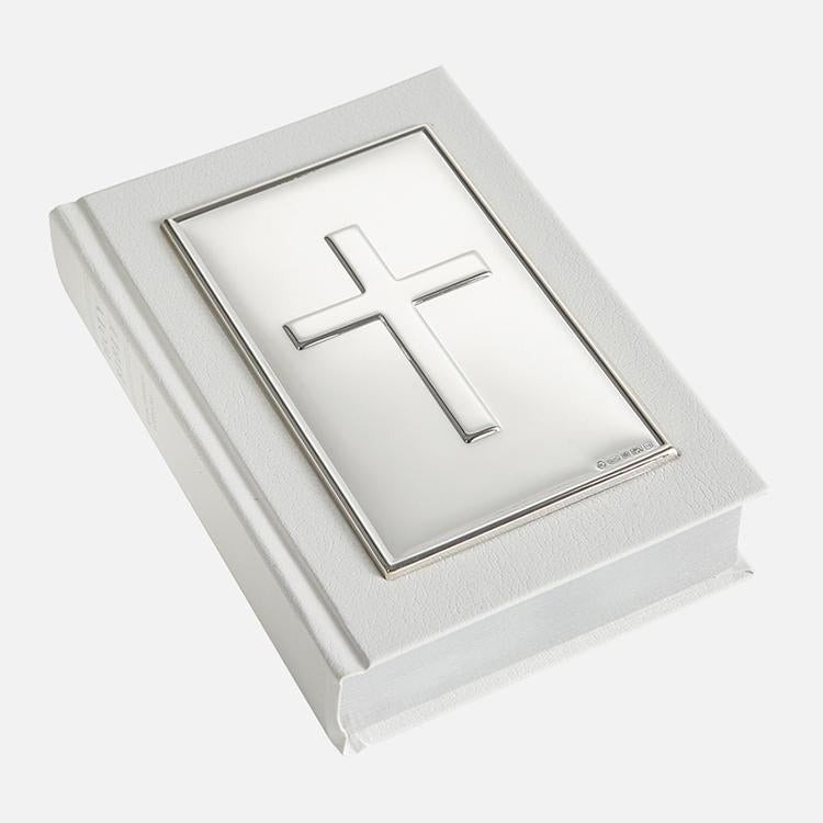 White Holy Bible with Plain Sterling Silver Cross
