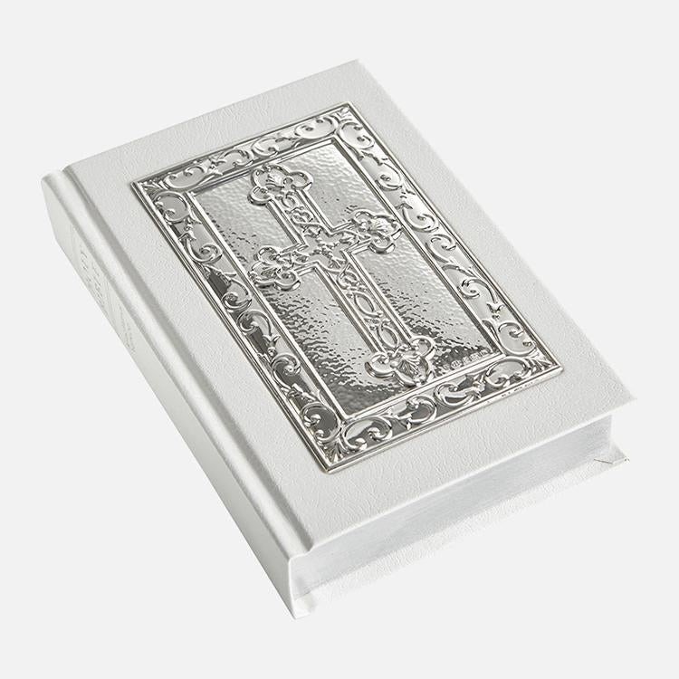 White Holy Bible with Ornate Sterling Silver Cross