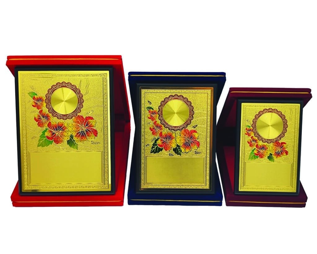 Wooden Box Plaque with Gold Floral Emblem Set of Three