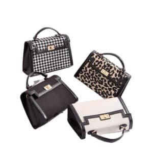 Structured Top-Handle Handbag in Houndstooth Leopard Black and White