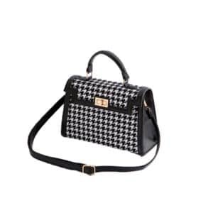 Structured Top-Handle Handbag in Houndstooth Leopard Black and White