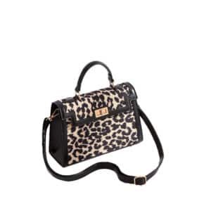 Structured Top-Handle Handbag in Houndstooth Leopard Black and White