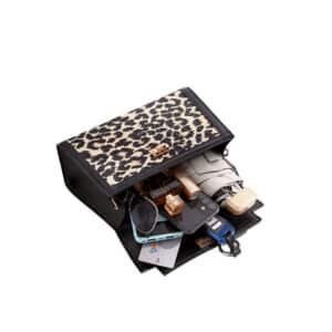 Structured Top-Handle Handbag in Houndstooth Leopard Black and White