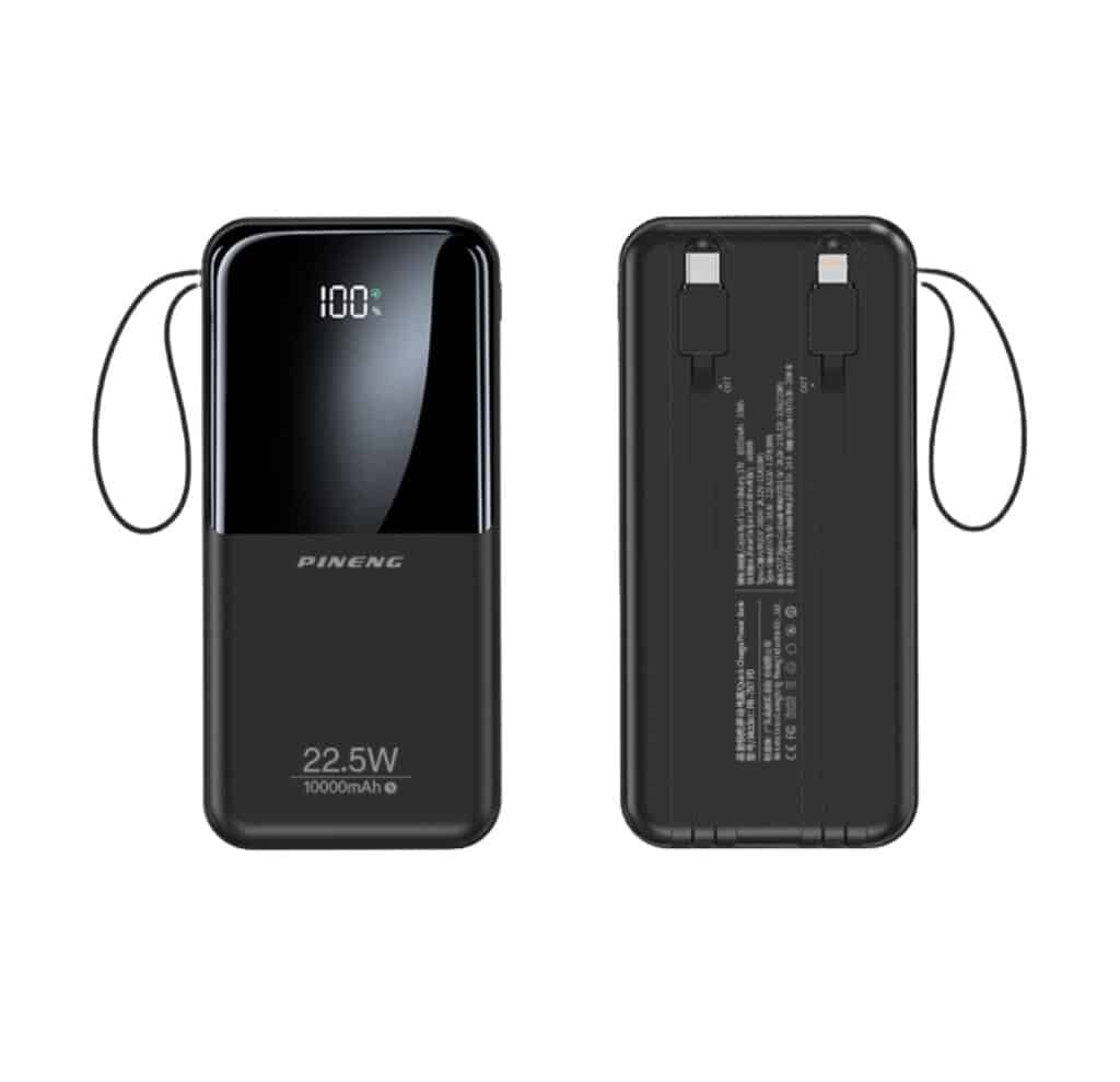 PINENG 10,000mAh Power Bank with Built-In Cables and LED Display