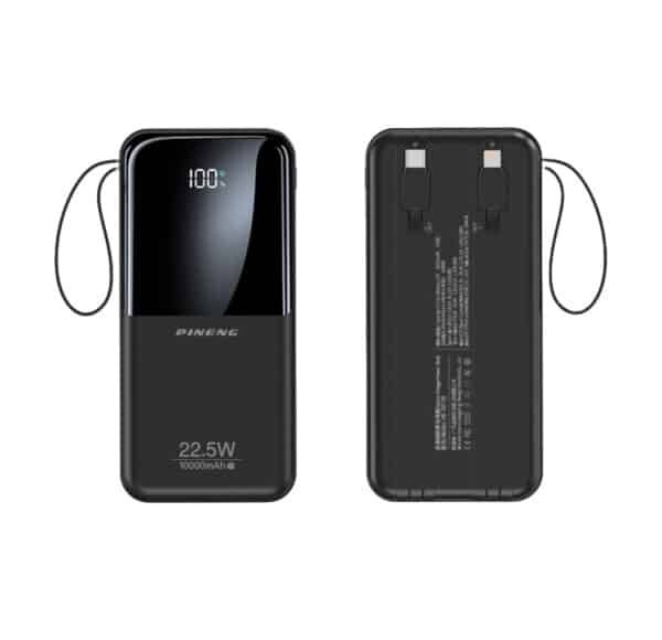 PINENG 10,000mAh Power Bank with Built-In Cables and LED Display