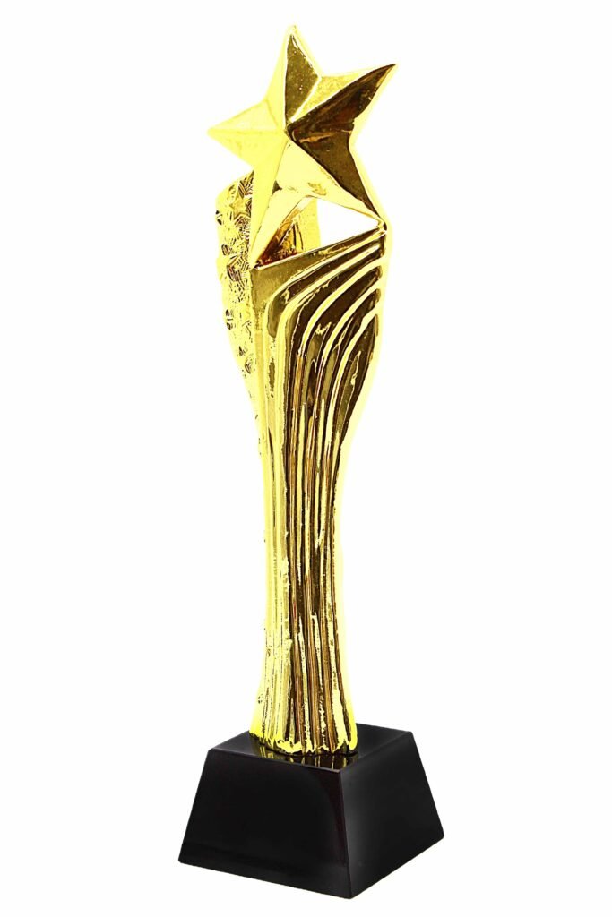 Gold Star Trophy with Flowing Ribbed Column