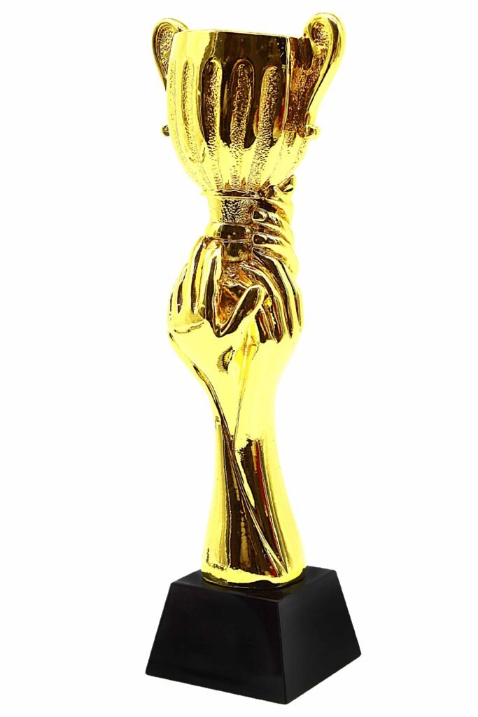 Gold Victory Hand Cup Trophy on Black Base